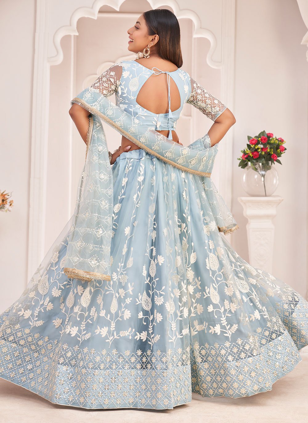 Lehenga Choli Net Aqua Blue Embroidered Lehenga Choli