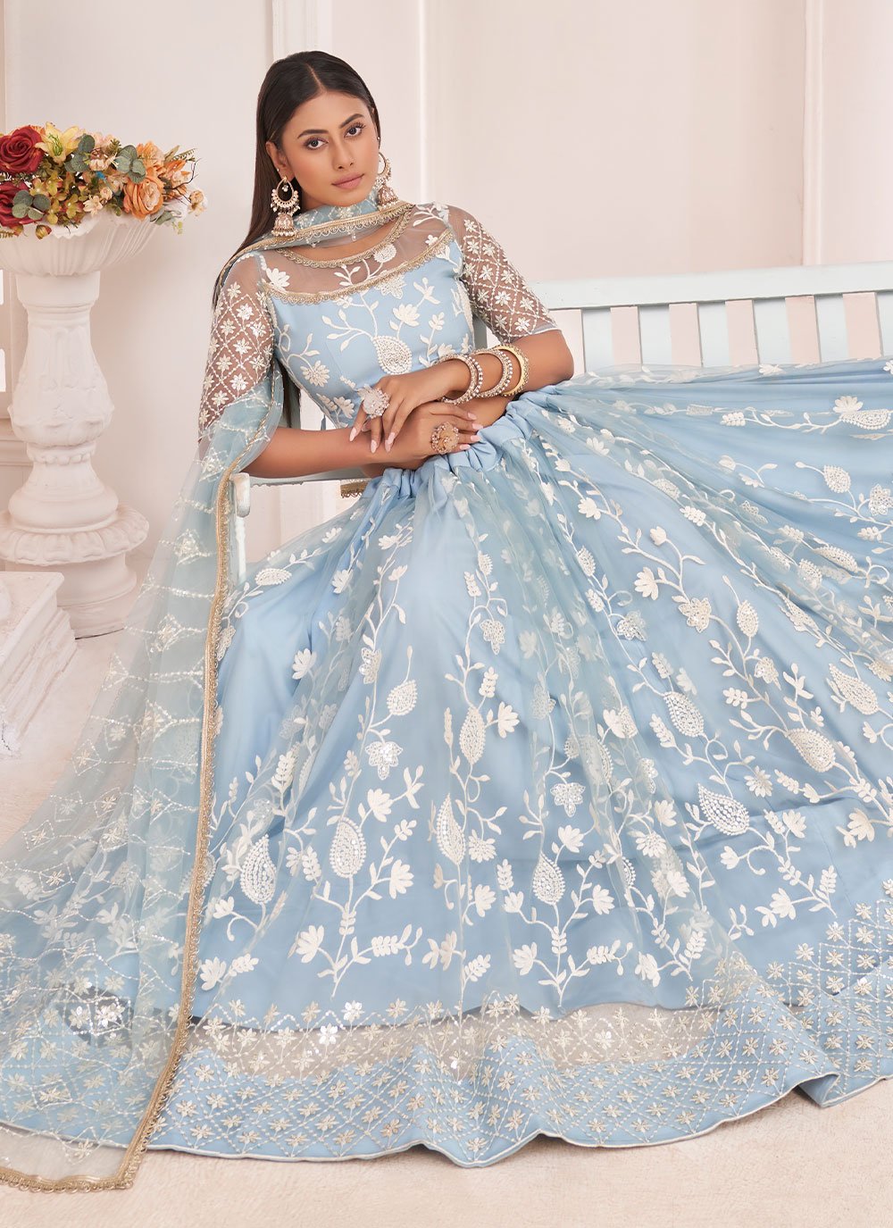 Lehenga Choli Net Aqua Blue Embroidered Lehenga Choli