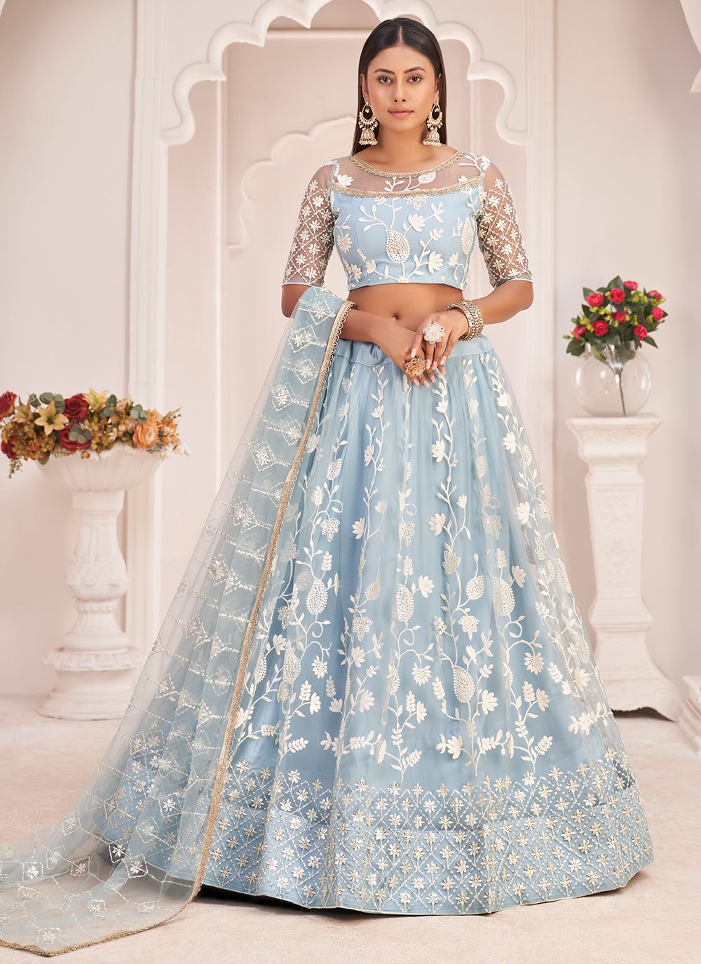 Lehenga Choli Net Aqua Blue Embroidered Lehenga Choli