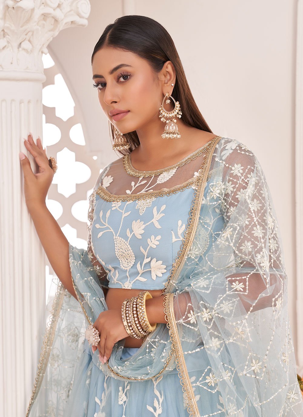 Lehenga Choli Net Aqua Blue Embroidered Lehenga Choli