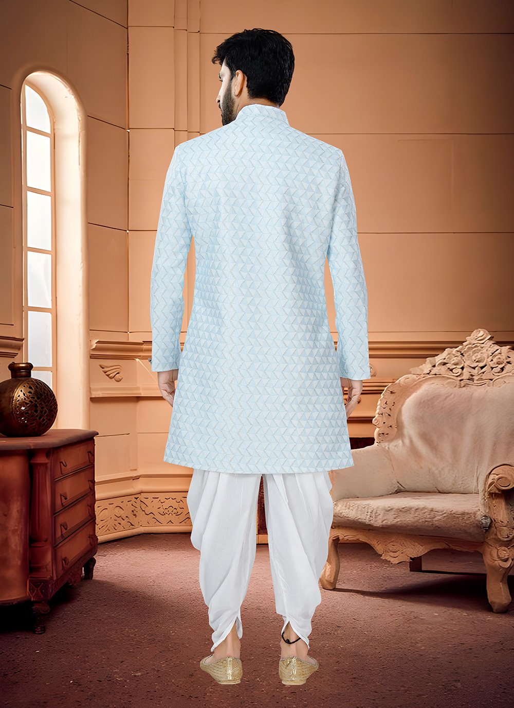 Indo Western Sherwani Jacquard Aqua Blue Woven Mens