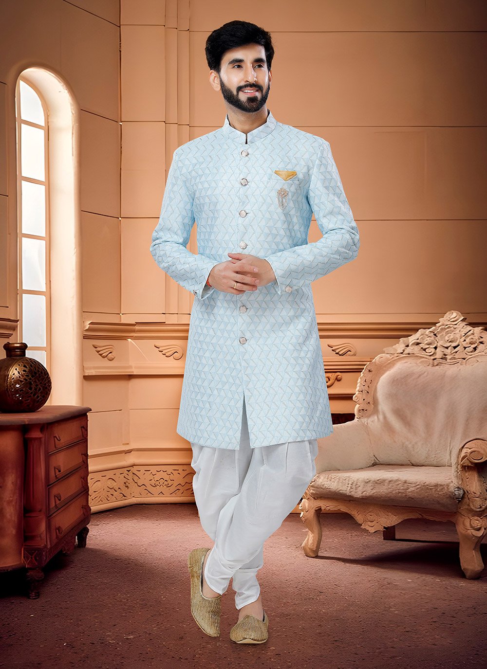 Indo Western Sherwani Jacquard Aqua Blue Woven Mens