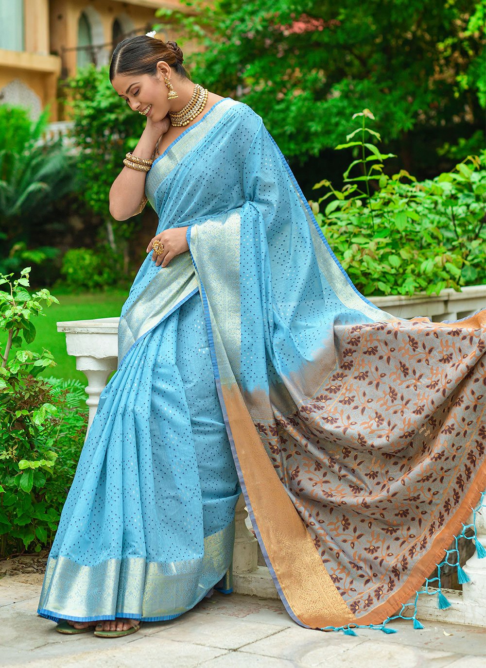 Classic Linen Aqua Blue Woven Saree