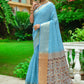 Classic Linen Aqua Blue Woven Saree