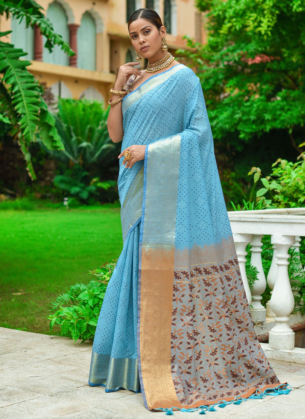 Classic Linen Aqua Blue Woven Saree