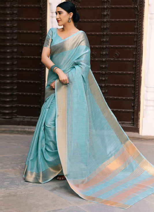 Classic Linen Silk Aqua Blue Woven Saree