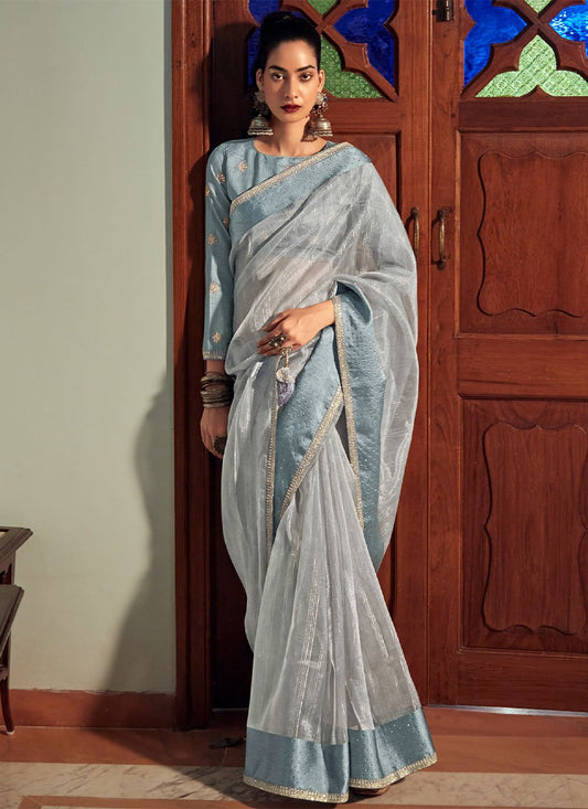 Trendy Saree Organza Aqua Blue Lace Saree