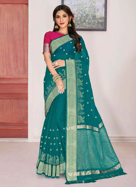 Classic Cotton Silk Aqua Blue Woven Saree