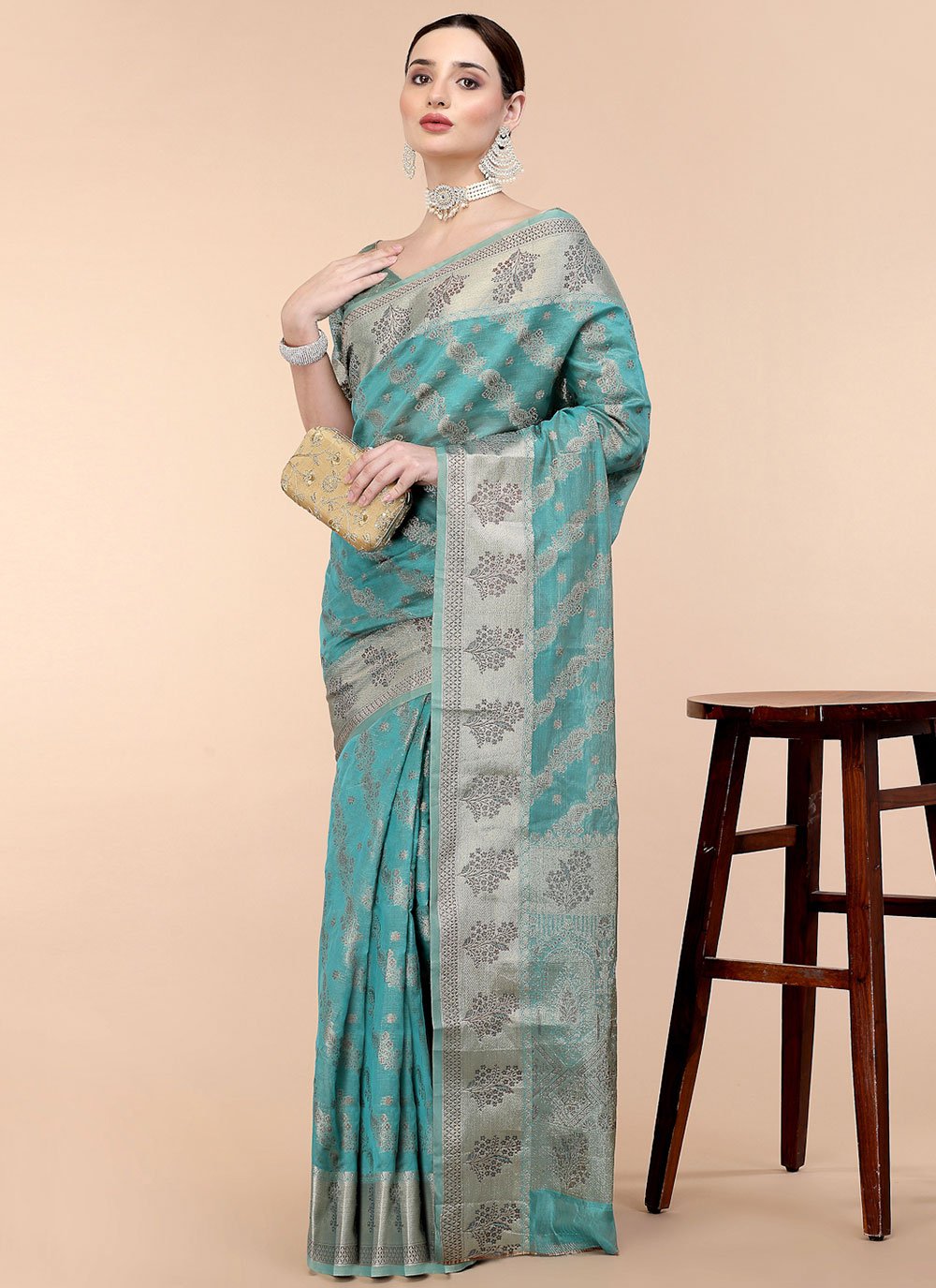 Traditional Saree Organza Aqua Blue Patch Border Saree