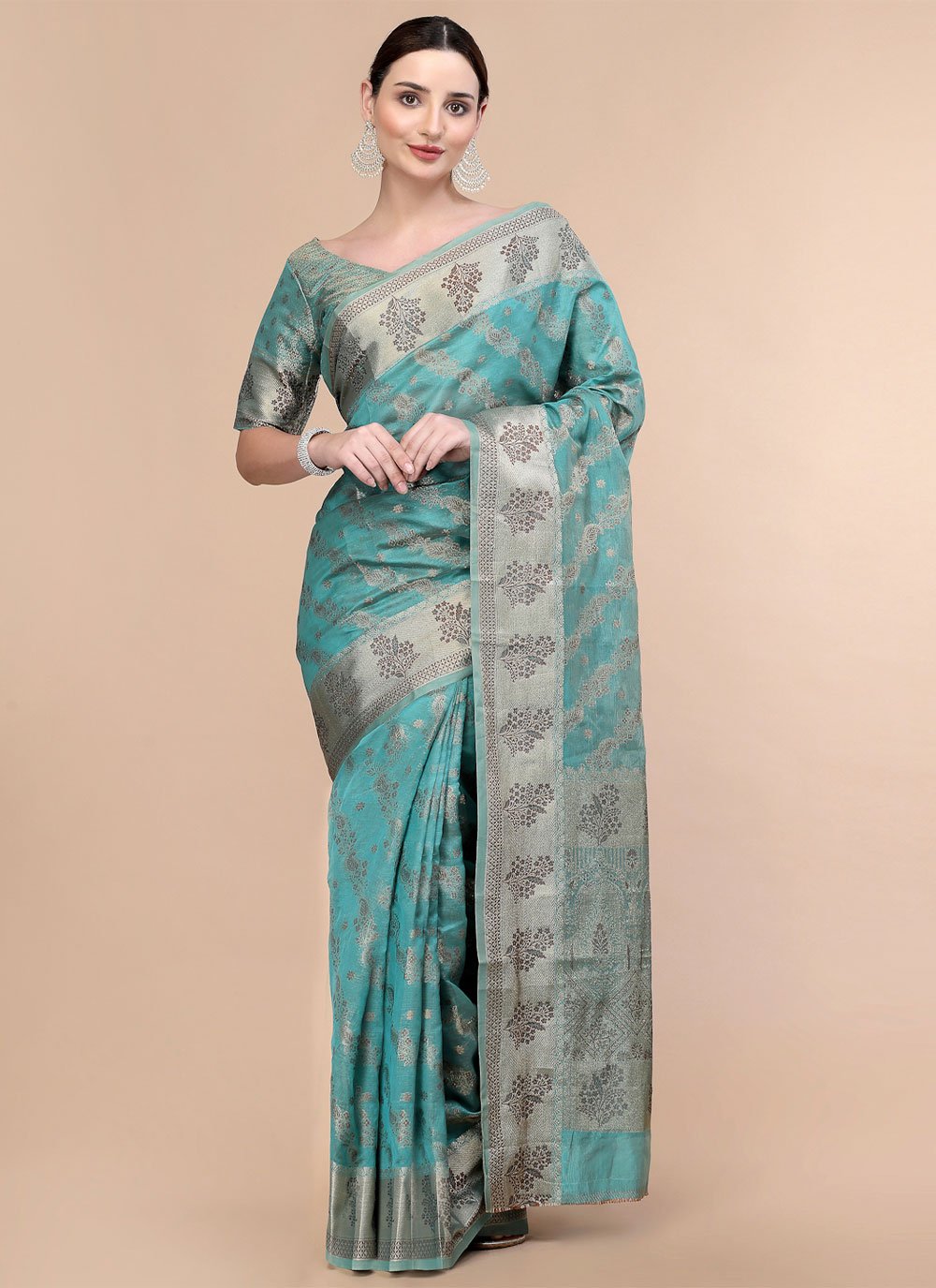 Traditional Saree Organza Aqua Blue Patch Border Saree