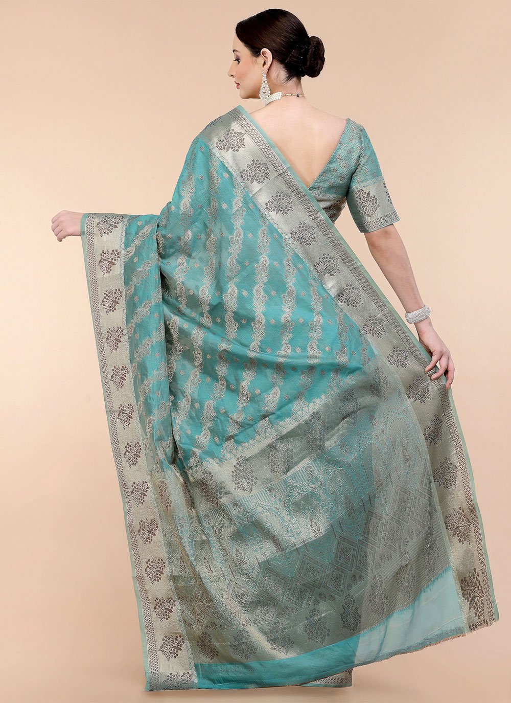 Traditional Saree Organza Aqua Blue Patch Border Saree