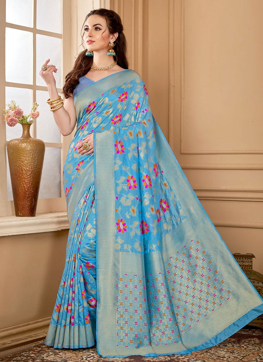 Contemporary Raw Silk Aqua Blue Weaving Saree