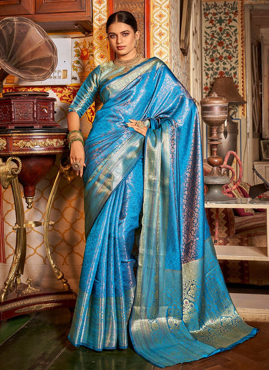 Classic Kanjivaram Silk Aqua Blue Zari Saree