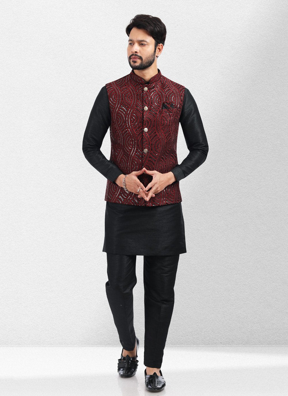 Kurta Payjama With Jacket Art Banarasi Silk Black Maroon Embroidered Mens