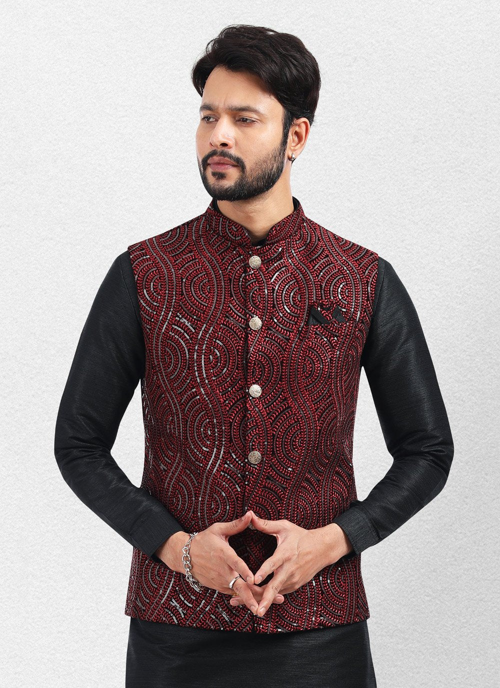 Kurta Payjama With Jacket Art Banarasi Silk Black Maroon Embroidered Mens