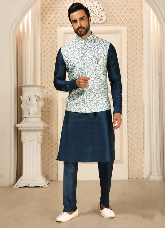 Kurta Payjama With Jacket Art Banarasi Silk Blue White Digital Print Mens