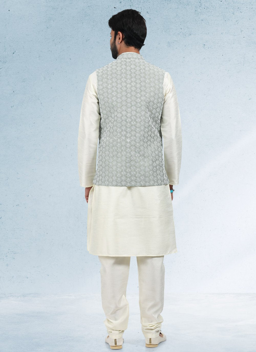 Kurta Payjama With Jacket Art Banarasi Silk Cream Green Thread Mens