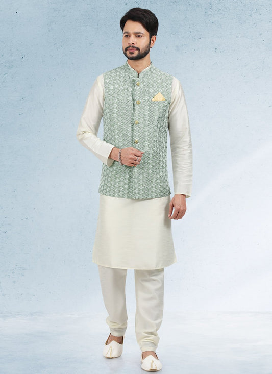 Kurta Payjama With Jacket Art Banarasi Silk Cream Green Thread Mens