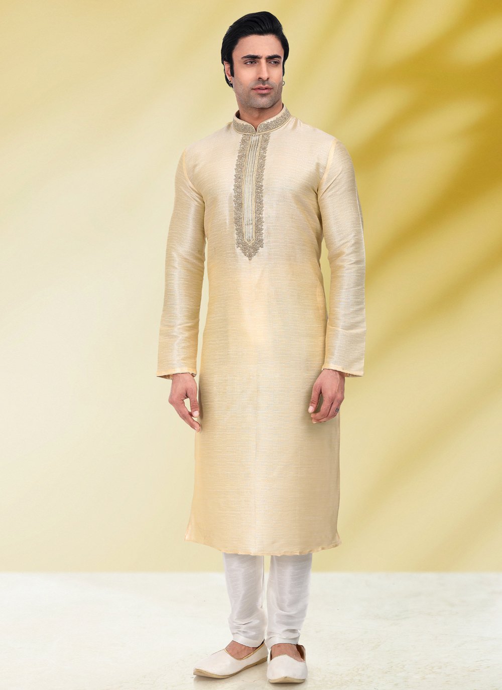 Kurta Pyjama Art Banarasi Silk Cream Embroidered Mens