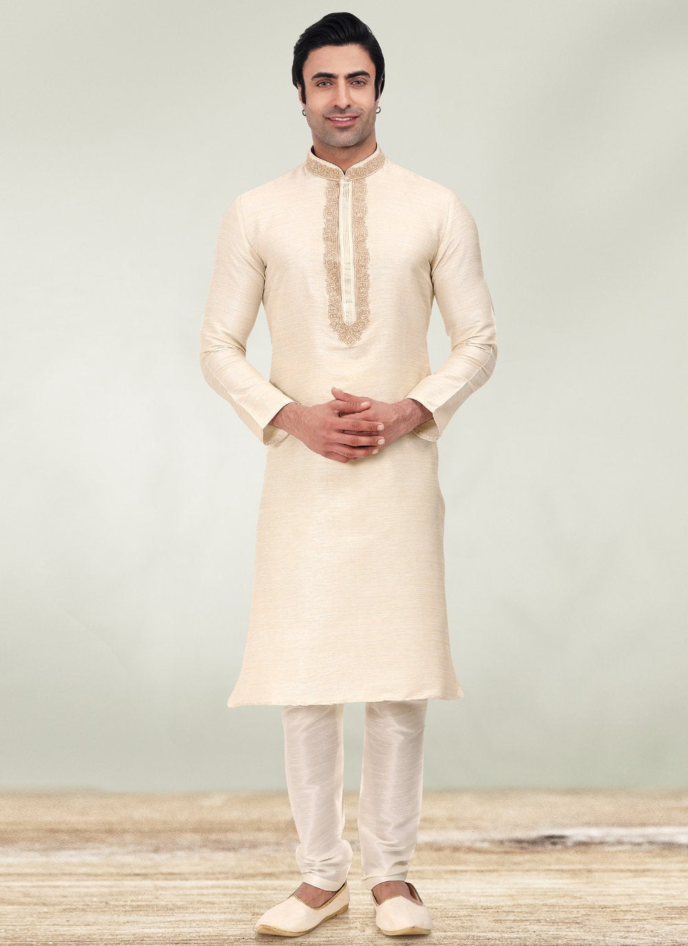 Kurta Pyjama Art Banarasi Silk Cream Embroidered Mens