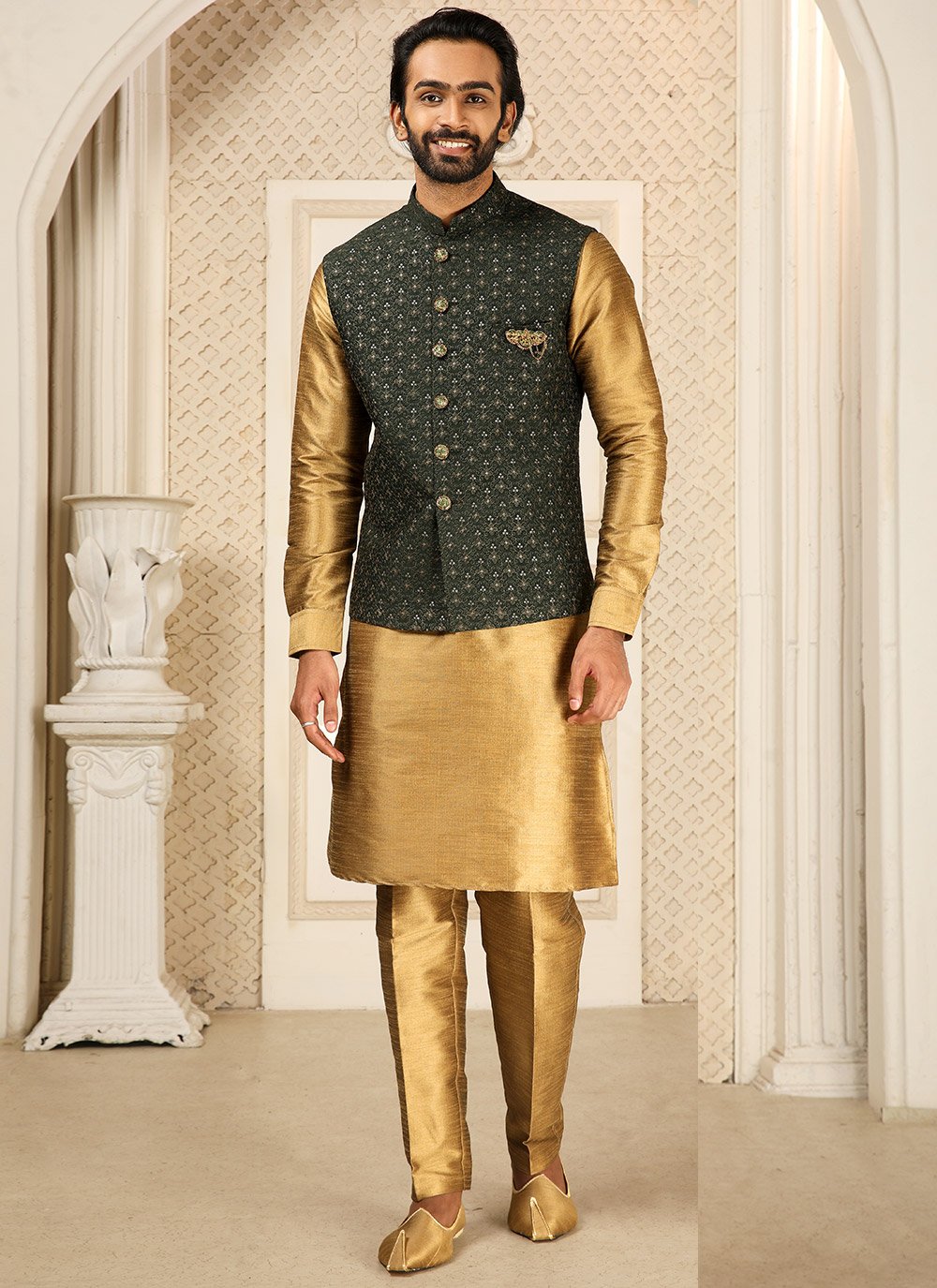 Kurta Payjama With Jacket Art Banarasi Silk Beige Green Embroidered Mens