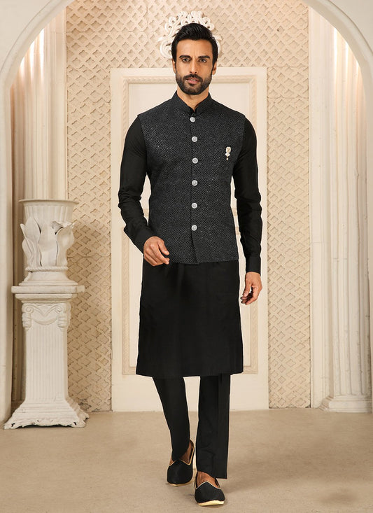 Kurta Payjama With Jacket Art Banarasi Silk Black Embroidered Mens