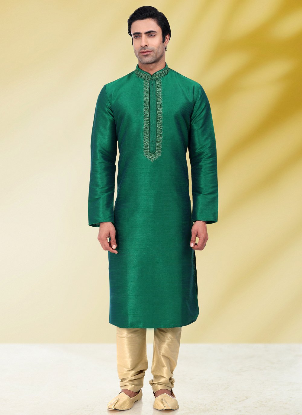 Kurta Pyjama Art Banarasi Silk Green Embroidered Mens