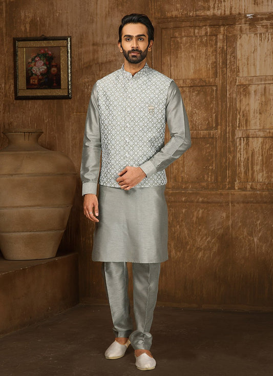 Kurta Payjama With Jacket Art Banarasi Silk Grey Embroidered Mens