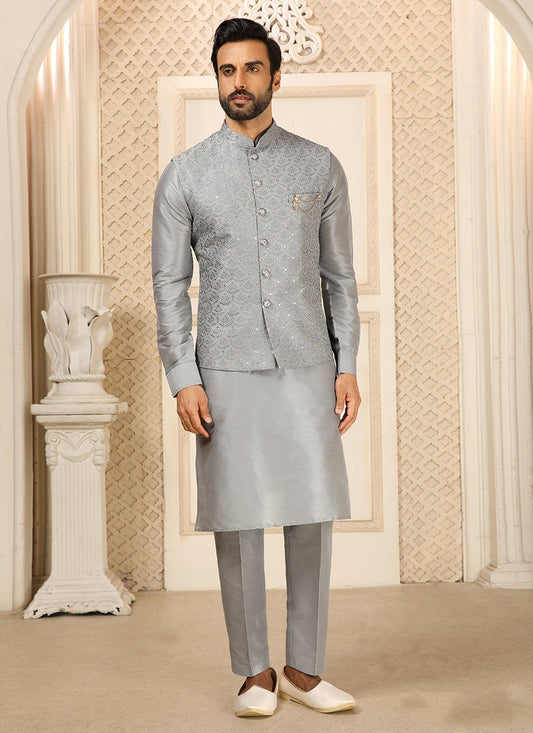 Kurta Payjama With Jacket Art Banarasi Silk Grey Embroidered Mens