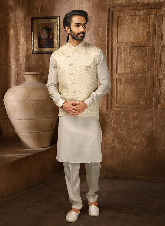 Kurta Payjama With Jacket Art Banarasi Silk Cream Embroidered Mens