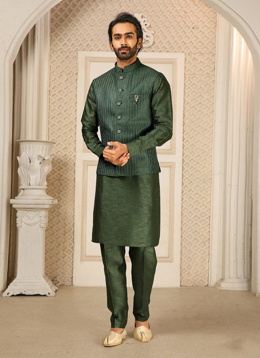 Kurta Payjama With Jacket Art Banarasi Silk Green Embroidered Mens