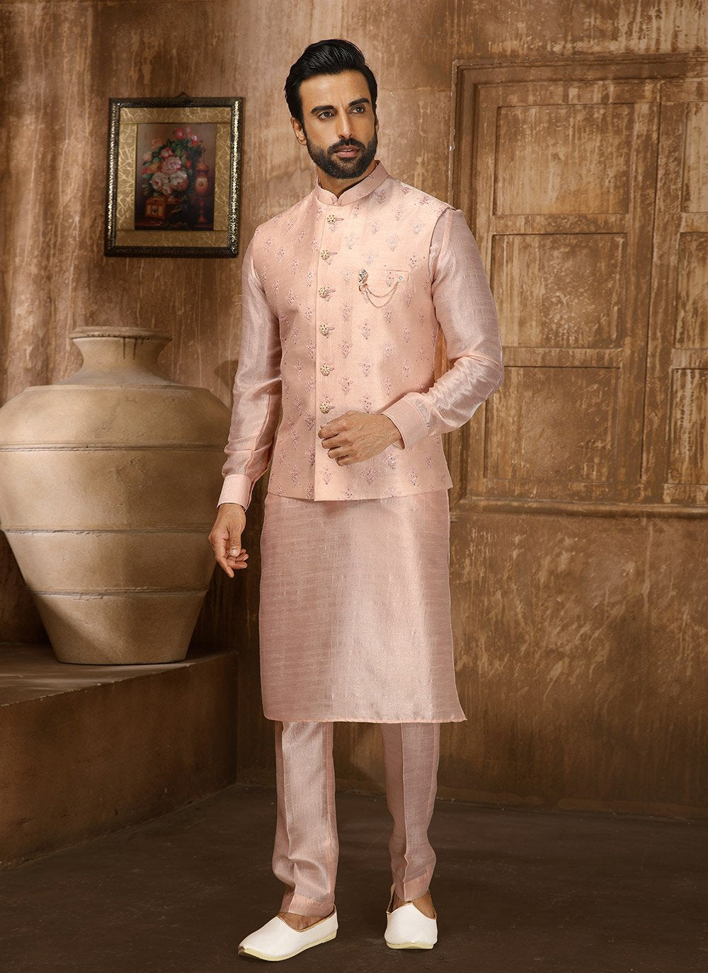 Kurta Payjama With Jacket Art Banarasi Silk Peach Embroidered Mens