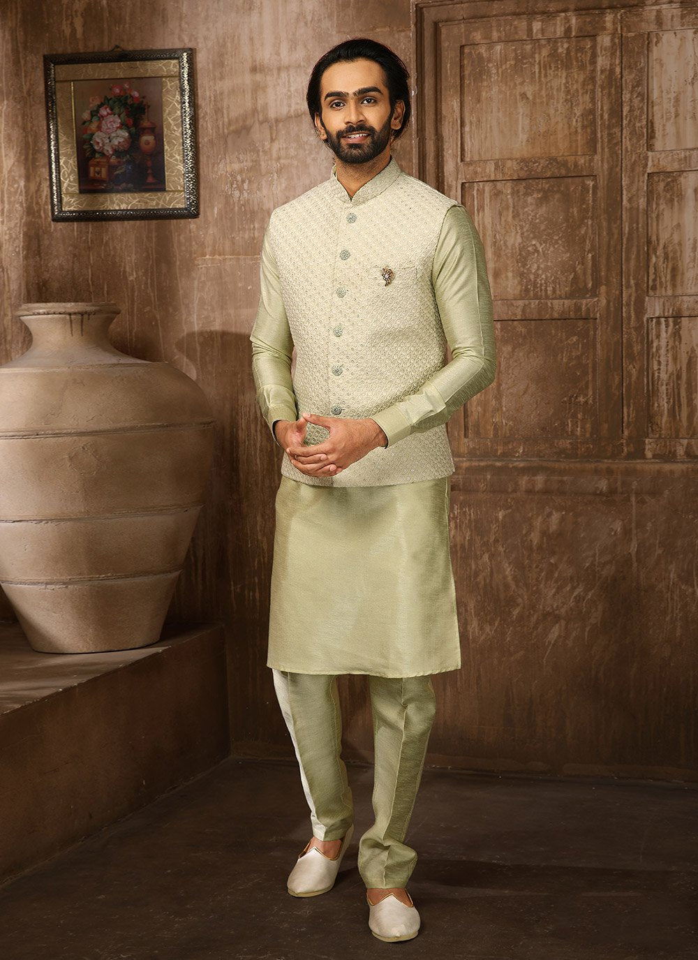 Kurta Payjama With Jacket Art Banarasi Silk Green Embroidered Mens