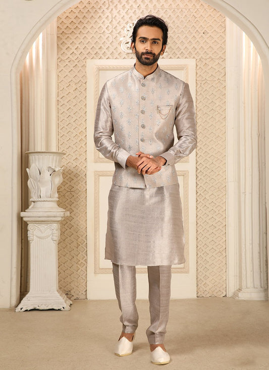 Kurta Payjama With Jacket Art Banarasi Silk Grey Embroidered Mens