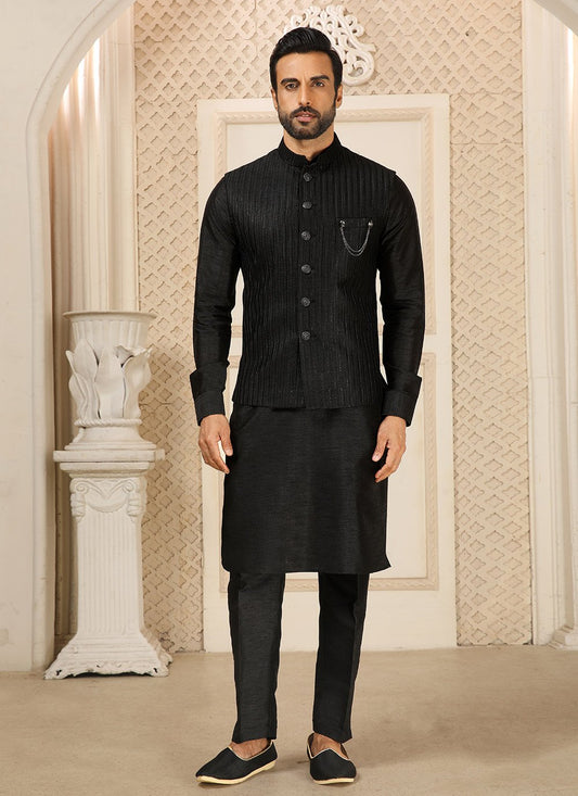 Kurta Payjama With Jacket Art Banarasi Silk Black Embroidered Mens