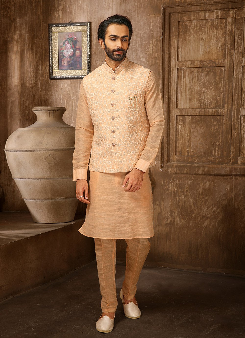 Kurta Payjama With Jacket Art Banarasi Silk Peach Embroidered Mens