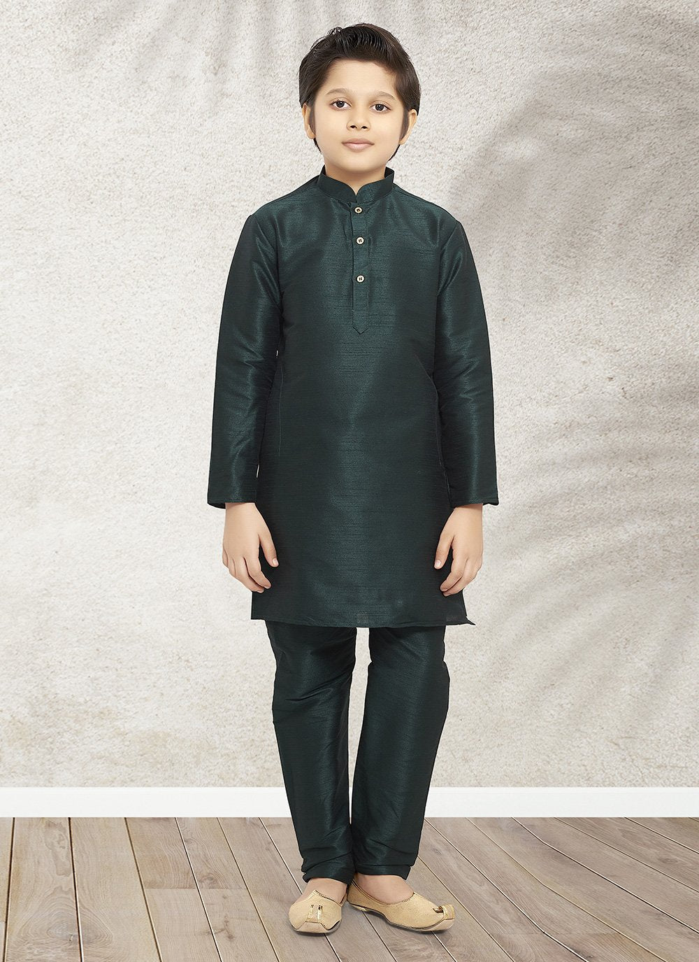 Kurta Pyjama Art Banarasi Silk Green Plain Kids
