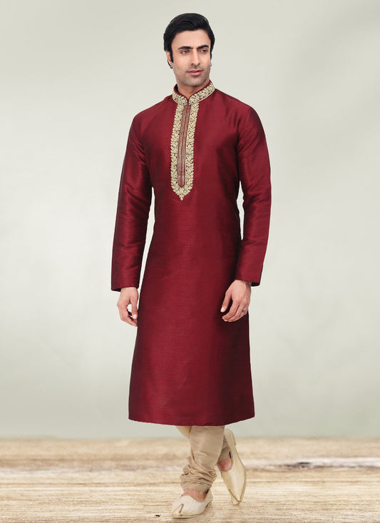 Kurta Pyjama Art Banarasi Silk Maroon Embroidered Mens