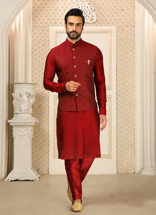 Kurta Payjama With Jacket Art Banarasi Silk Maroon Embroidered Mens