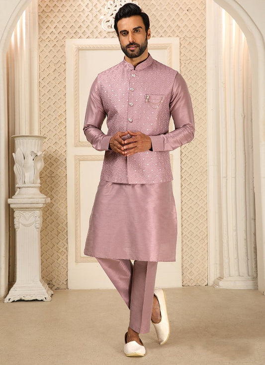 Kurta Payjama With Jacket Art Banarasi Silk Mauve Embroidered Mens