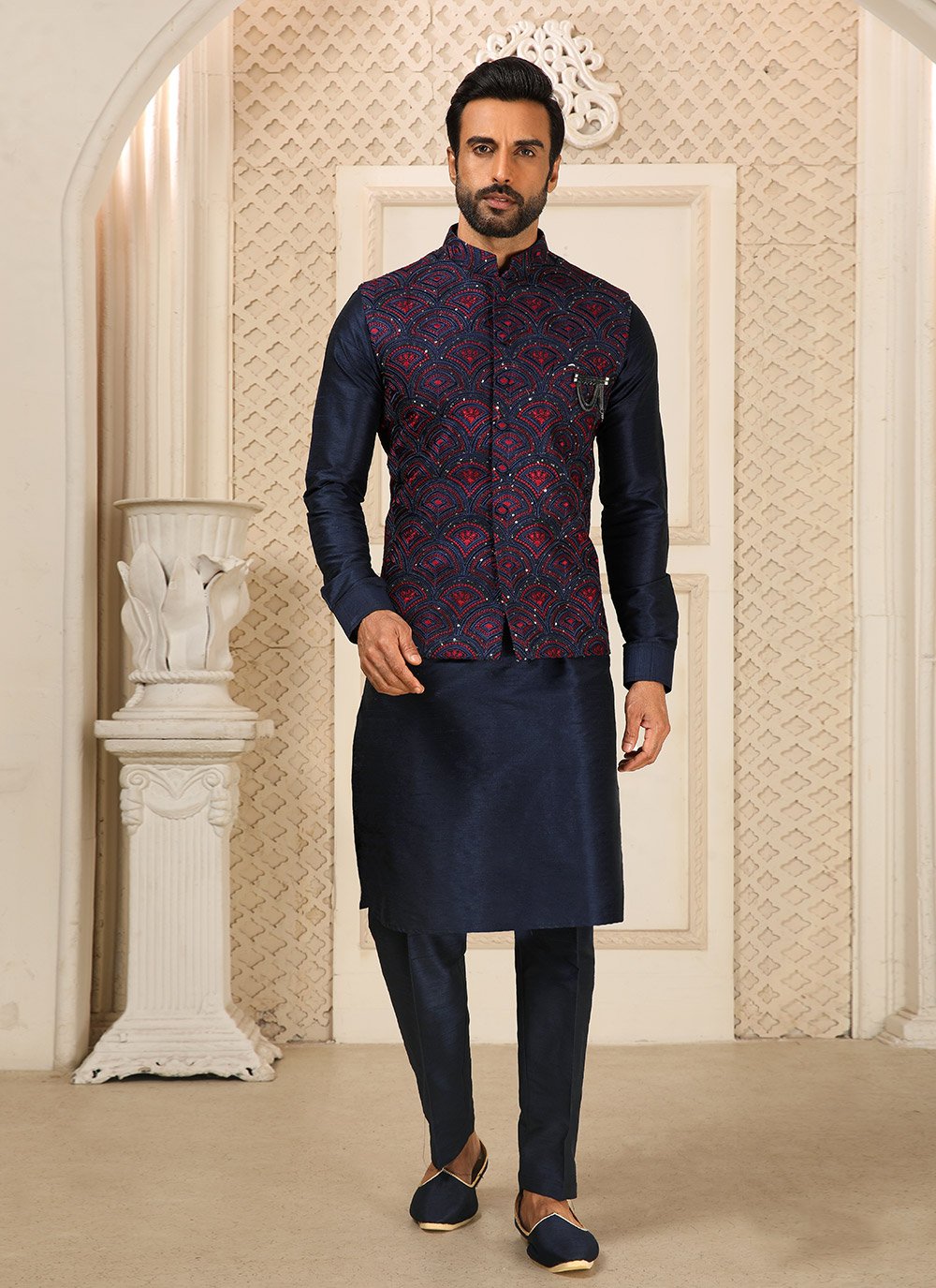 Kurta Payjama With Jacket Art Banarasi Silk Blue Embroidered Mens