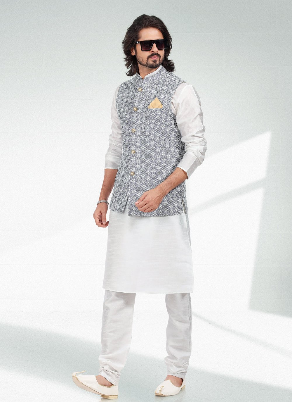 Kurta Payjama With Jacket Art Banarasi Silk Off White Purple Thread Mens