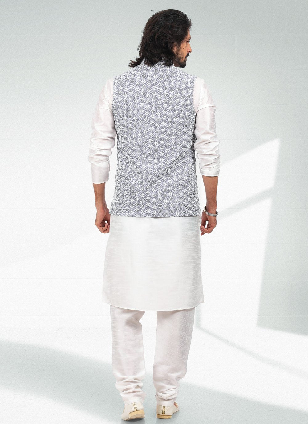 Kurta Payjama With Jacket Art Banarasi Silk Off White Purple Thread Mens