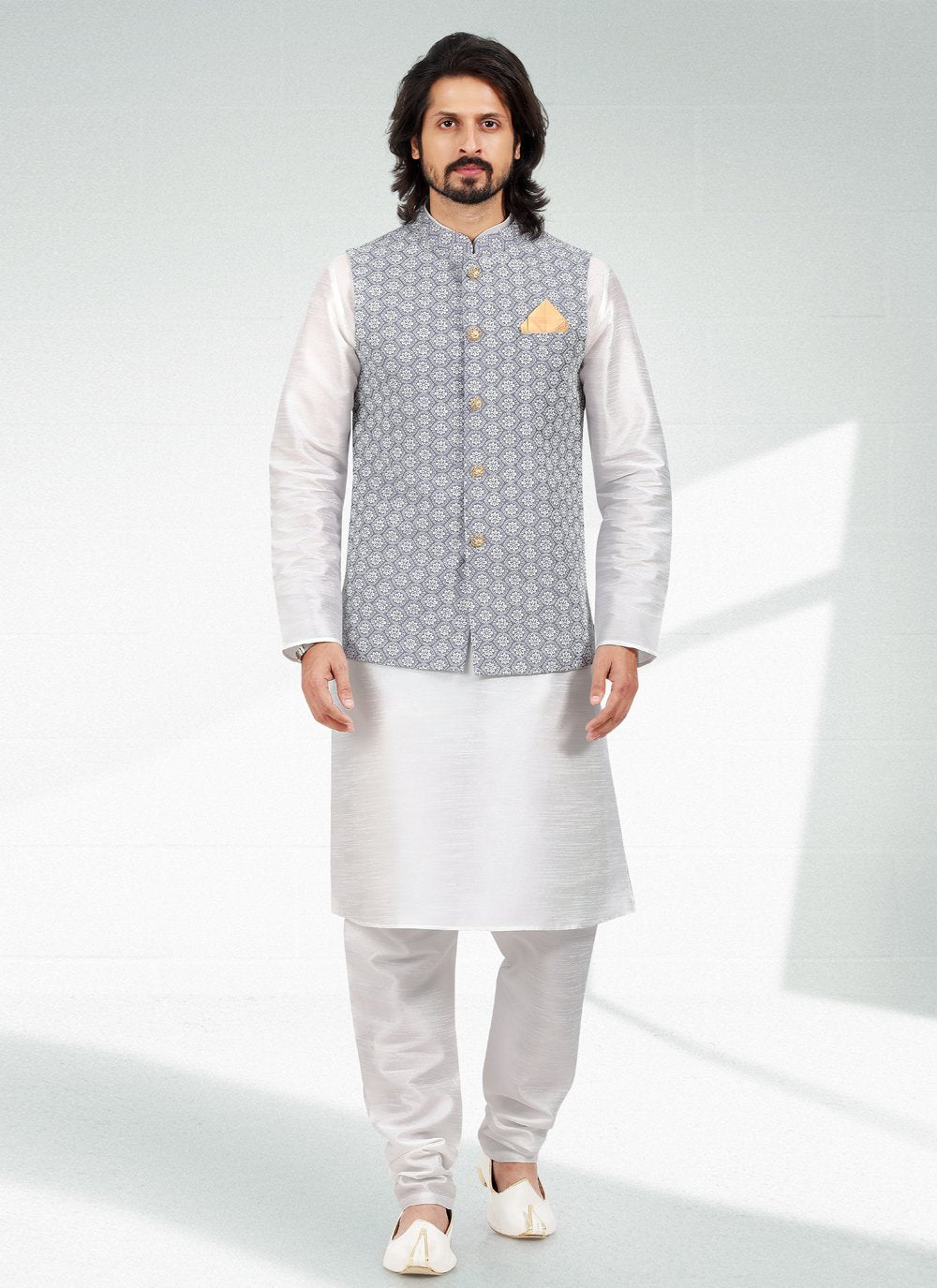 Kurta Payjama With Jacket Art Banarasi Silk Off White Purple Thread Mens