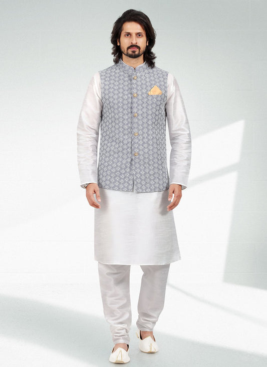 Kurta Payjama With Jacket Art Banarasi Silk Off White Purple Thread Mens