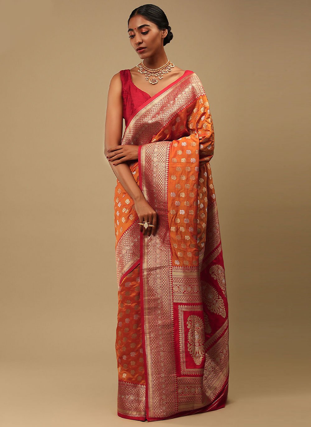 Contemporary Art Banarasi Silk Orange Woven Saree