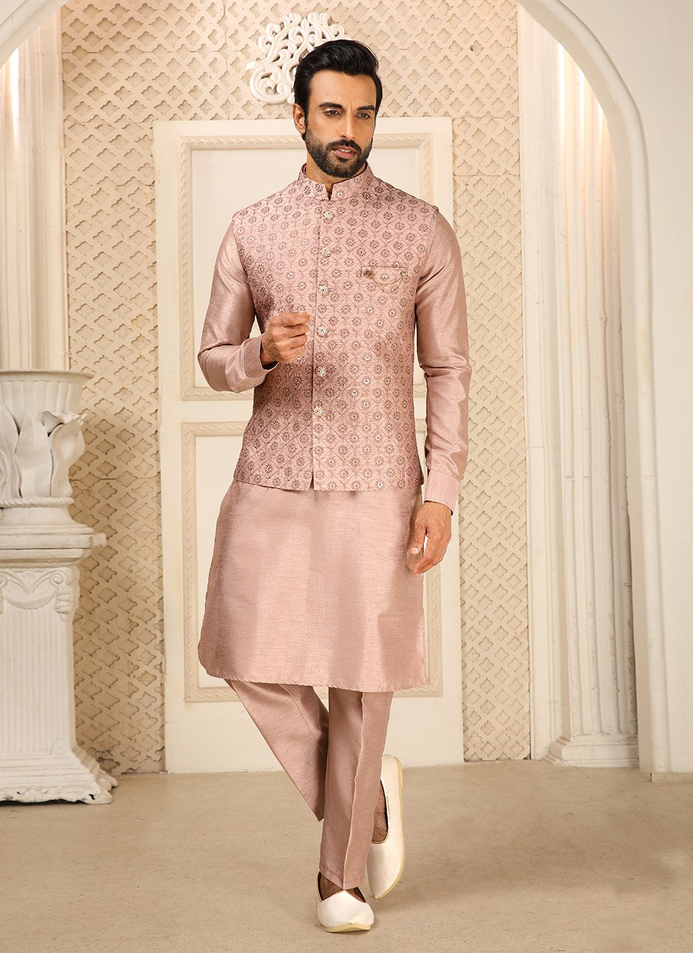 Kurta Payjama With Jacket Art Banarasi Silk Pink Embroidered Mens