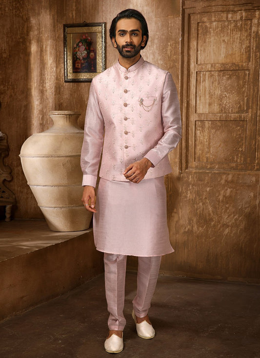 Kurta Payjama With Jacket Art Banarasi Silk Pink Embroidered Mens