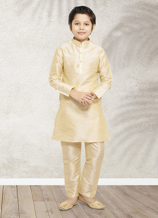 Kurta Pyjama Art Banarasi Silk Beige Plain Kids