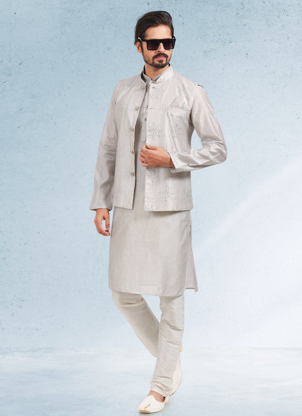 Kurta Payjama With Jacket Art Banarasi Silk Grey Thread Mens